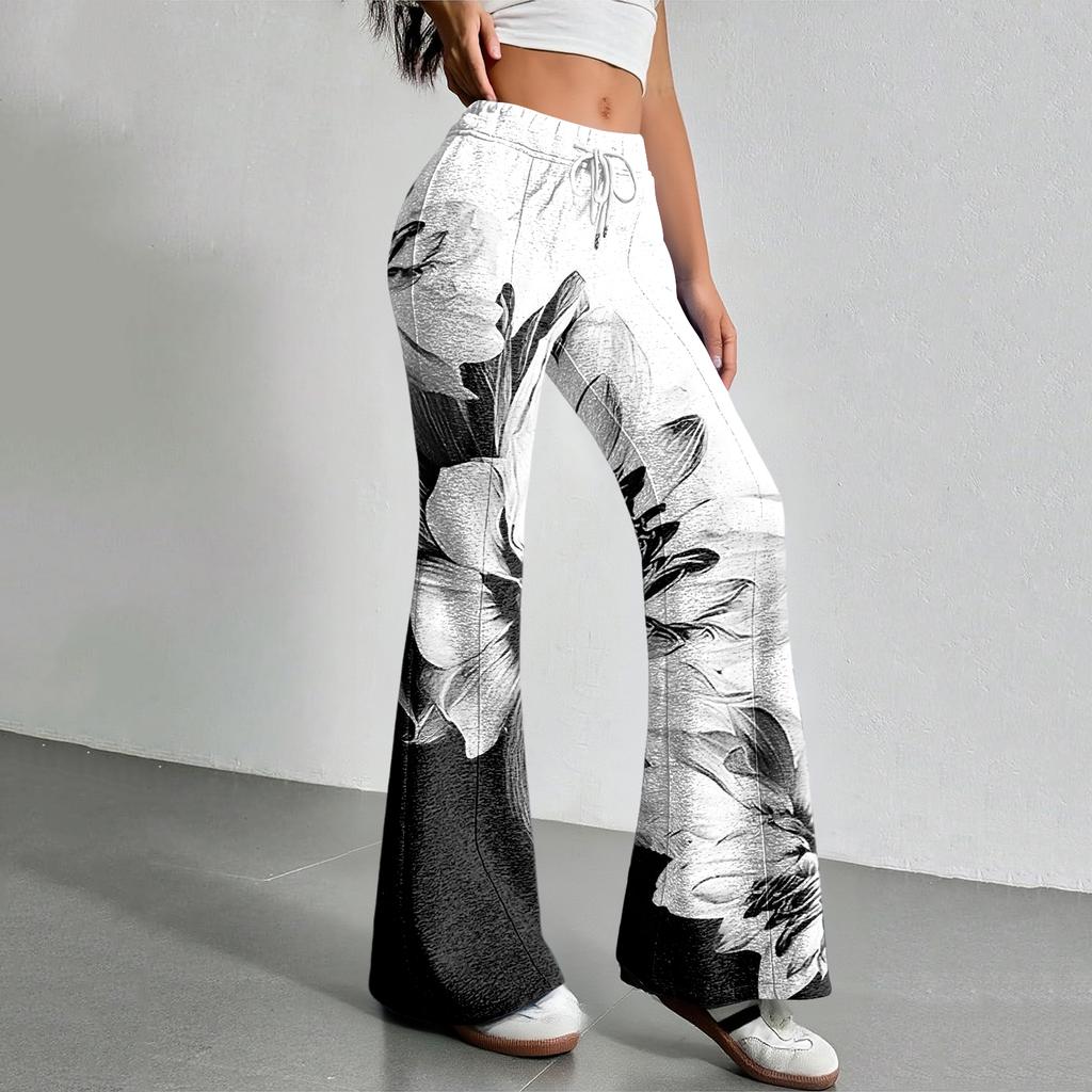 Women's Fashion Loose Drawstring Waist Floral Print Casual Sports Pants Casual Flared Pants