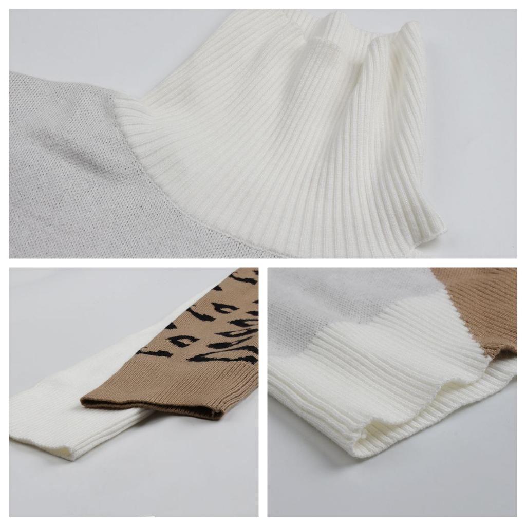 Женский осенне-зимний повседневный вязаный свитер, джемпер, пуловеры, топ, водолазка без бретелек, длинный рукав, леопардовый лоскутный шов, хаки, карамель, черный, S-XL