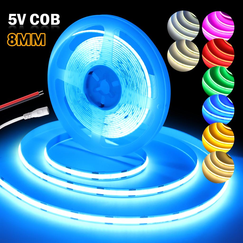 COB Led Strip Light 5V Flexible LED Ribbon 8mm 320LEDs/M High Density Linear Lighting White/Red/Green/Pink/Blue Adhesive Tape
