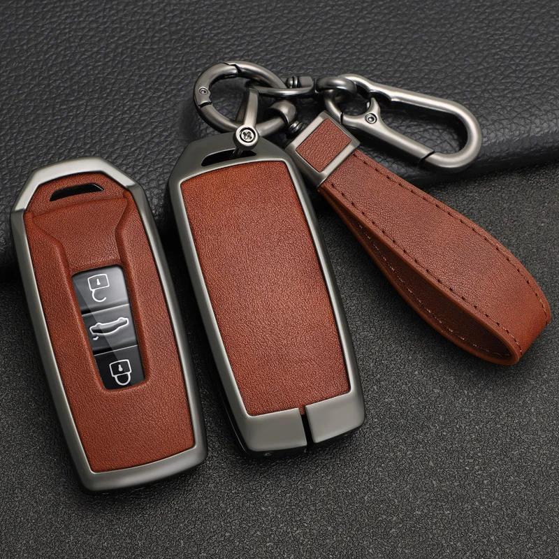 Interior Mouldings Zinc Alloy+PU Leather Car Key Case Cover For VW Volkswagen Touareg 2018 2019 2020 2021 2022 2023 3 Buttons Re
