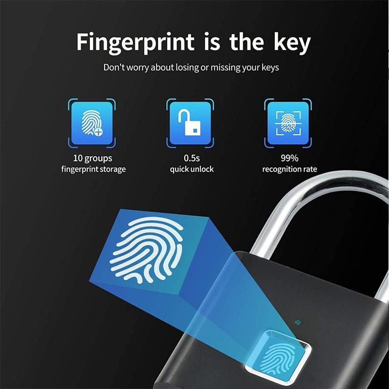Smart Keyless USB Charging Fingerprint Lock Padlock Waterproof Door Lock 0.2sec Unlock Portable Anti-theft Padlock Zinc