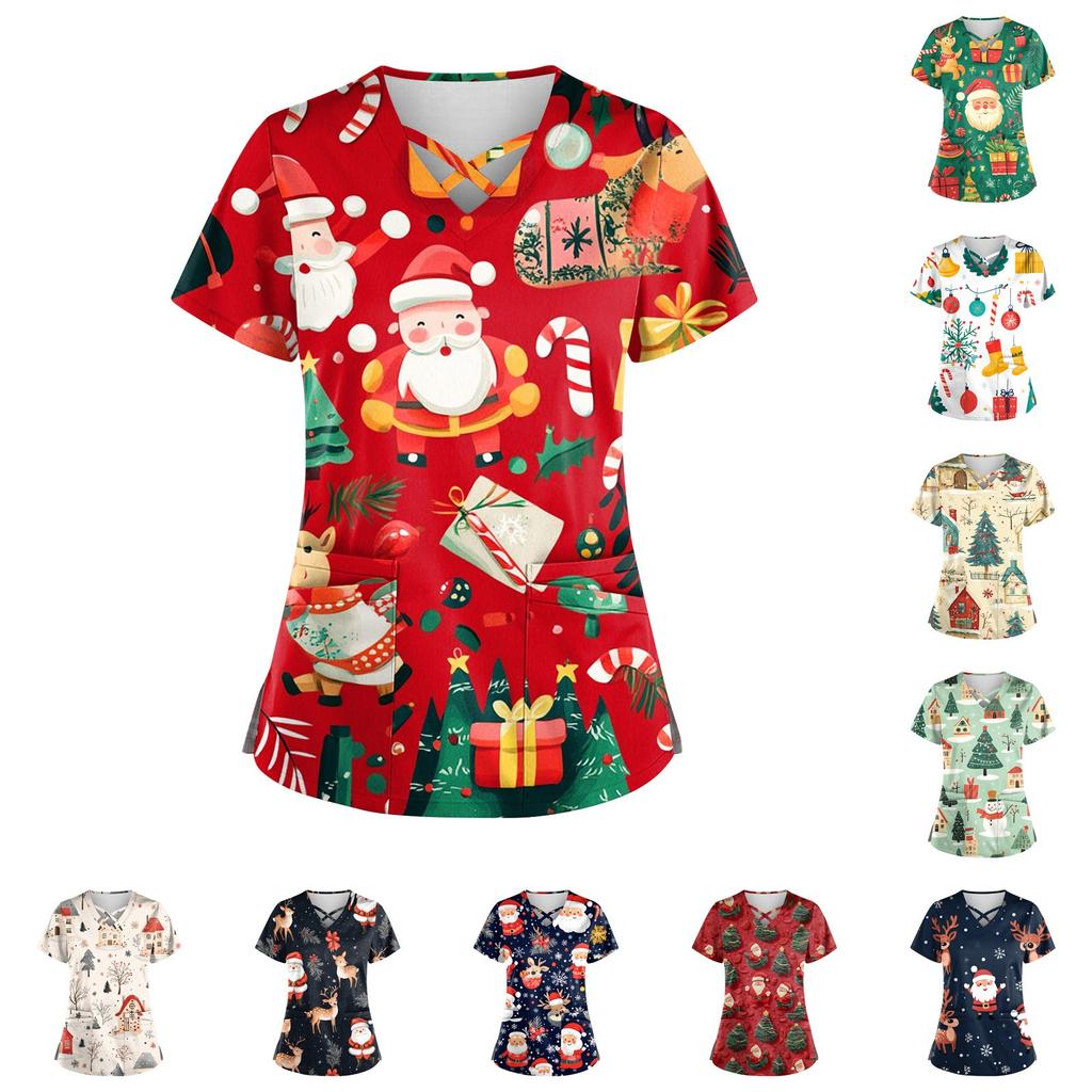 Women's Short Sleeve Stagger V Neck Christmas Print Pocket Dry-nurse Top
