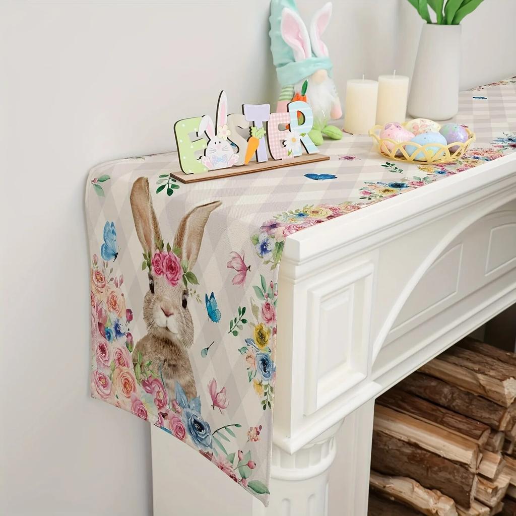 1pc Easter Table Runner, Bunny Rabbit Flowers Leaves Pink BuffaloPlaid Table Kitchen Dining Decoration For Indoor, Party Decor