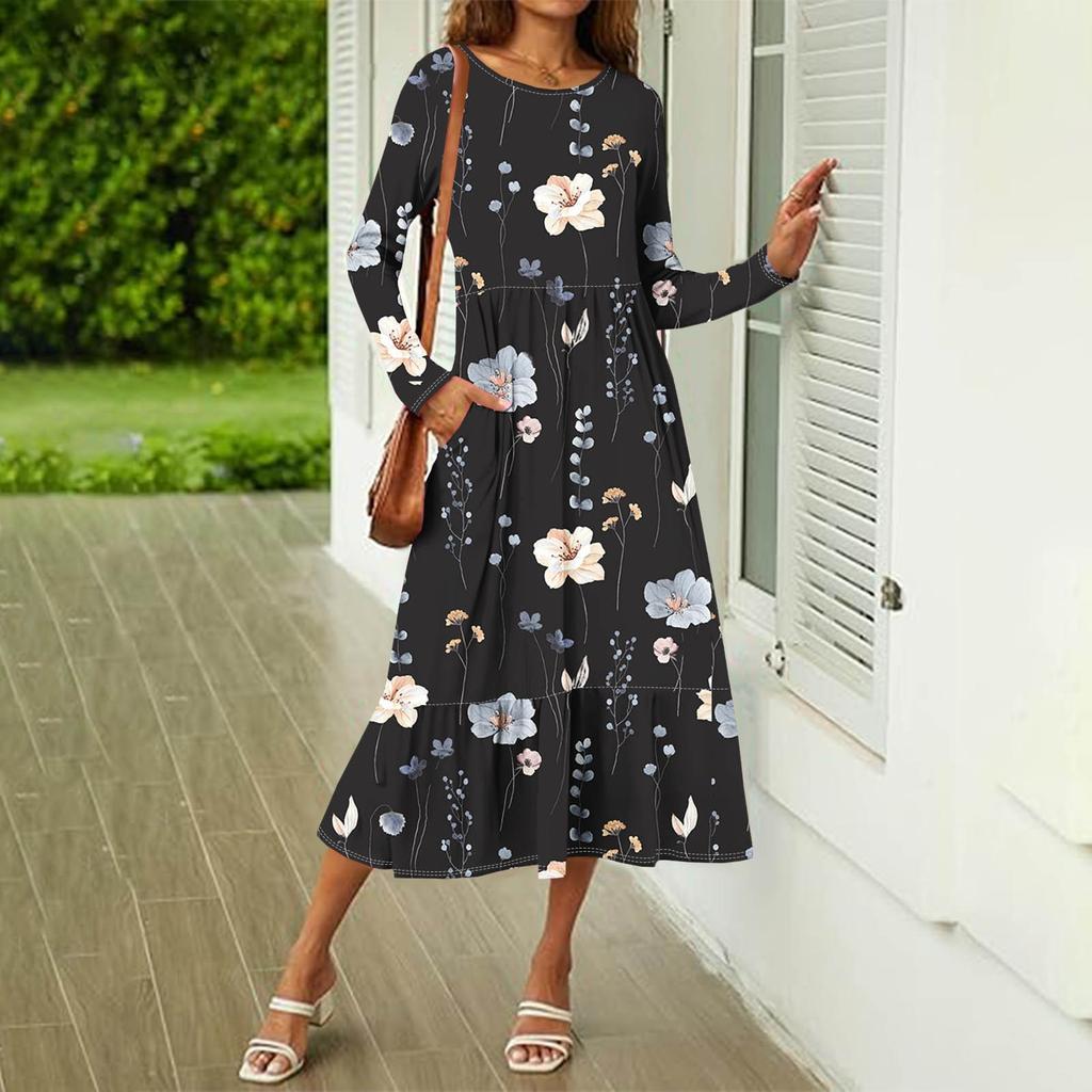 Женское повседневное платье с принтом, весна-осень, карман, круглый вырез, длинные рукава, платья