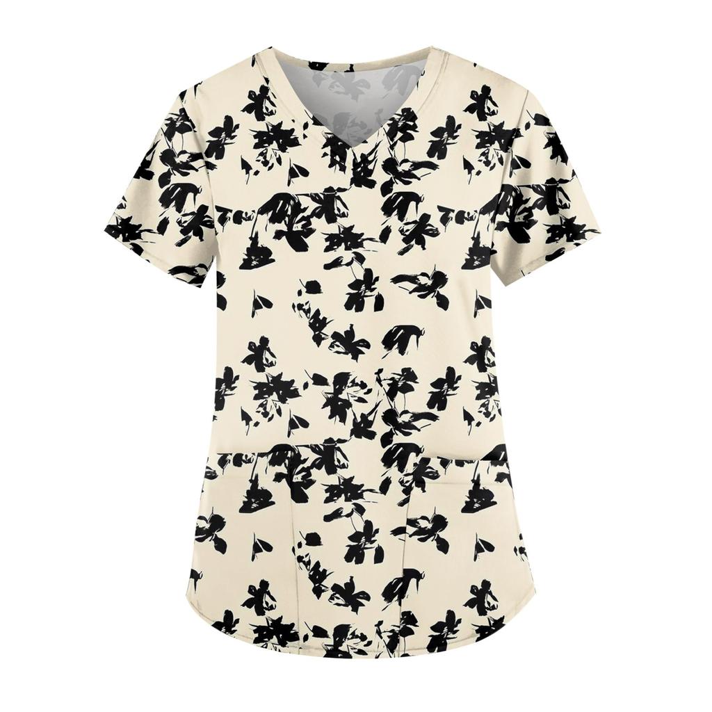 Рабочая форма больших размеров с принтом, топы для женщин, забавные футболки с v-образным вырезом и короткими рукавами, рабочая одежда, футболка с карманами