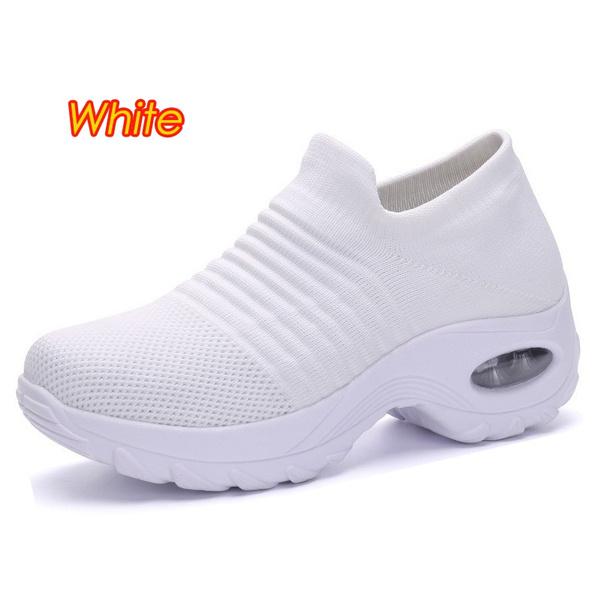 Женские модные кроссовки без шнуровки на танкетке с толстой подошвой, вязаная обувь с дышащей сеткой, удобная легкая нескользящая прогулочная обувь, размер 34-43