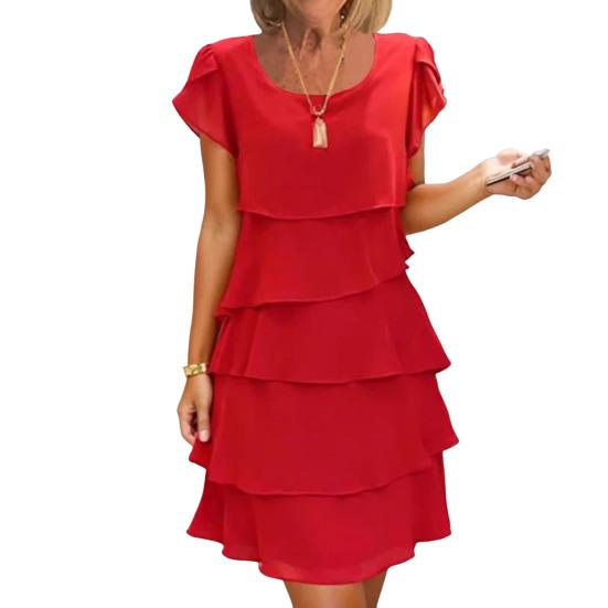 Женское шифоновое платье с оборками по краю, круглым вырезом, короткими рукавами, многослойным дизайном, летнее платье миди, повседневная одежда