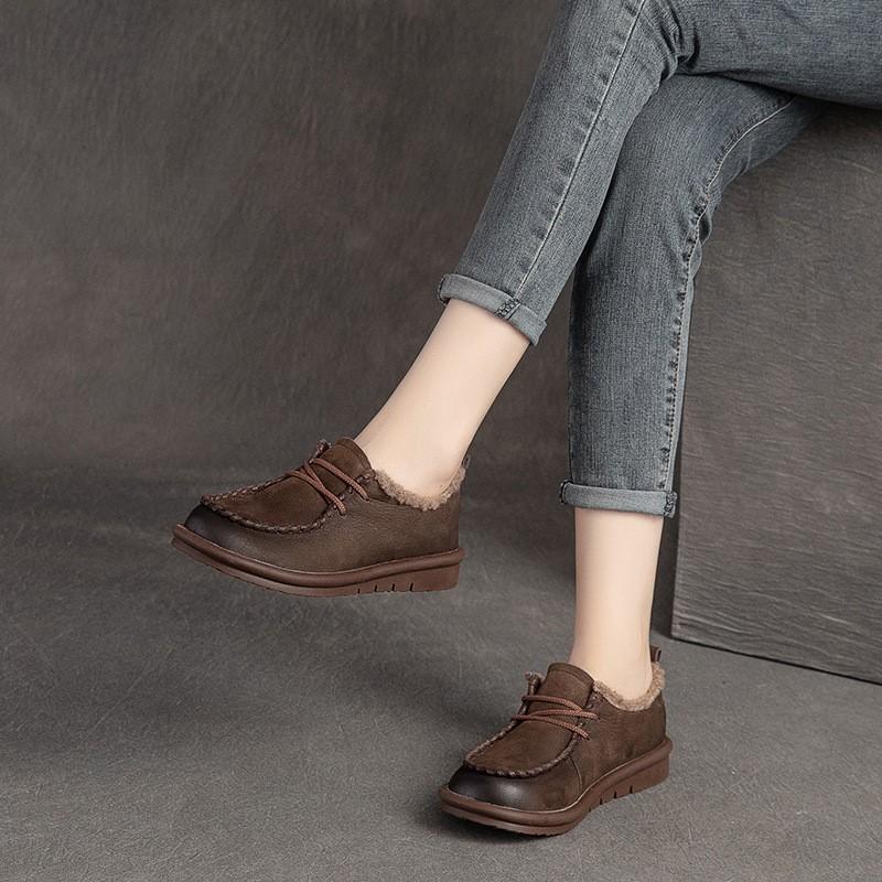 Johnature Flats Retro Round Toe Loafers Genuine Leather Comfortable Plush Warm Women's Slip-on Shoes
