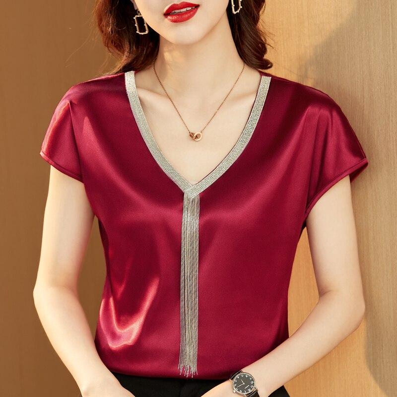 Women Silk Fashion Tops Solid V-neck Tassel Satin Bat Sleeve Blouse For Women Office Lady Loose Plus Size Blouse Blusa 15494