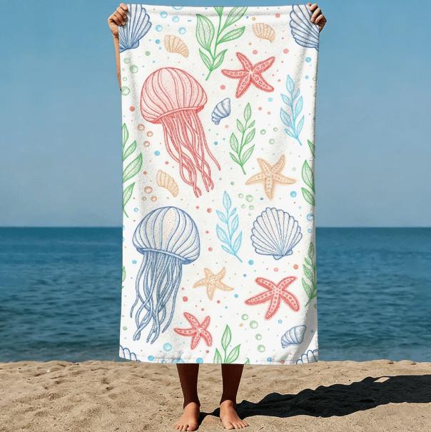 1pc Summer Boho Style Dolphin Leaping Starfish and Turtle Bright and Playful Flat Design Art Style Beach Towel