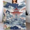 GUOYU Blanket Throw Blanket Chinoiserie Charcoal Coral Pagoda Flannel Fleece Throw Blanket Japanese Asian Style Blanket Pagoda and Flower