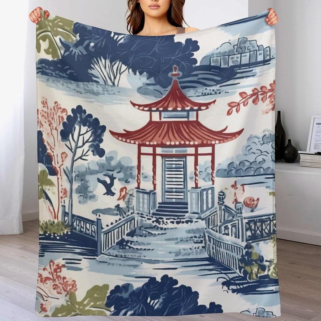 GUOYU Blanket Throw Blanket Chinoiserie Charcoal Coral Pagoda Flannel Fleece Throw Blanket Japanese Asian Style Blanket Pagoda and Flower