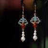 Luxury New Ancient Women's Hanfu EarringsTang Dynasty Burnt Blue Butterfly Pearl Dangle Earrings Wedding Jewelry Gift