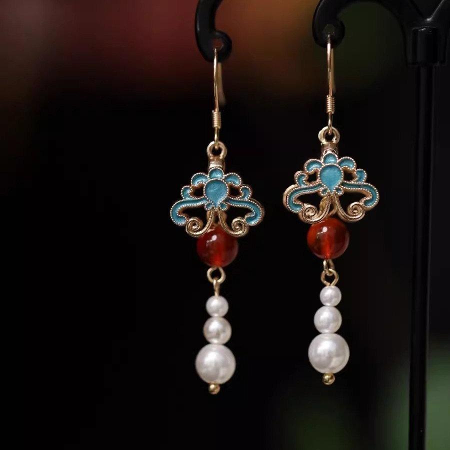Luxury New Ancient Women's Hanfu EarringsTang Dynasty Burnt Blue Butterfly Pearl Dangle Earrings Wedding Jewelry Gift