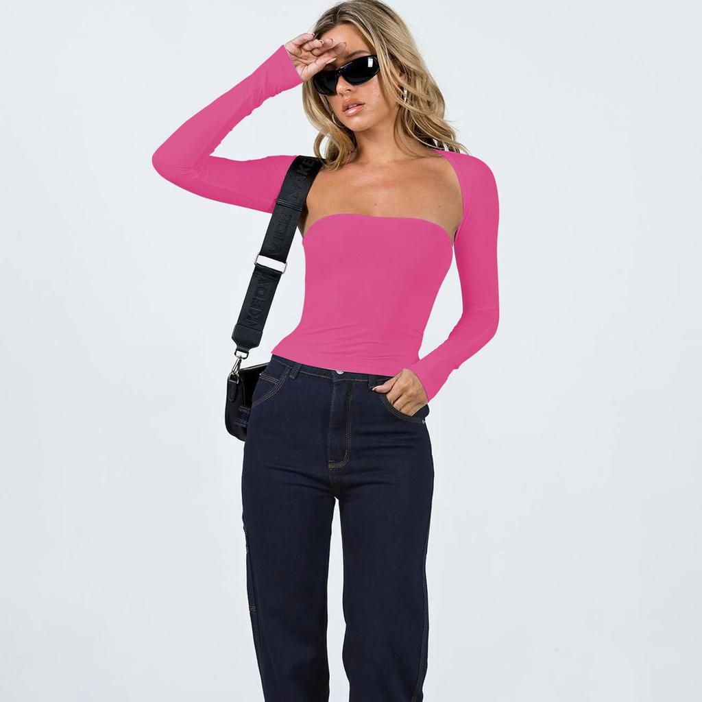 Женские летние топы без рукавов, уличная одежда, тонкие облегающие футболки с длинными рукавами из двух предметов, укороченные топы, однотонные