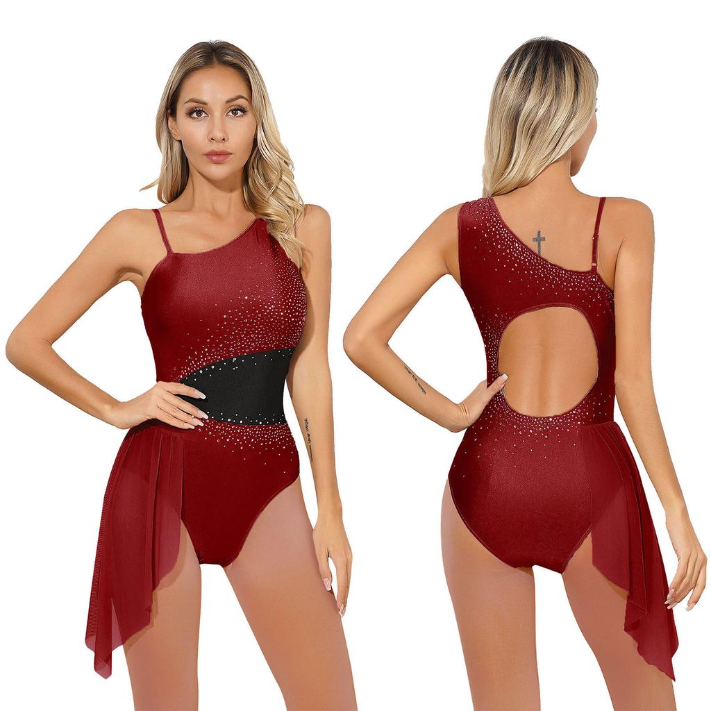 Womens Figure Skating Dance Performance Costume Glittery Rhinestone Irregular Shoulder Leotard Color Block Sleeveless Bodysuit