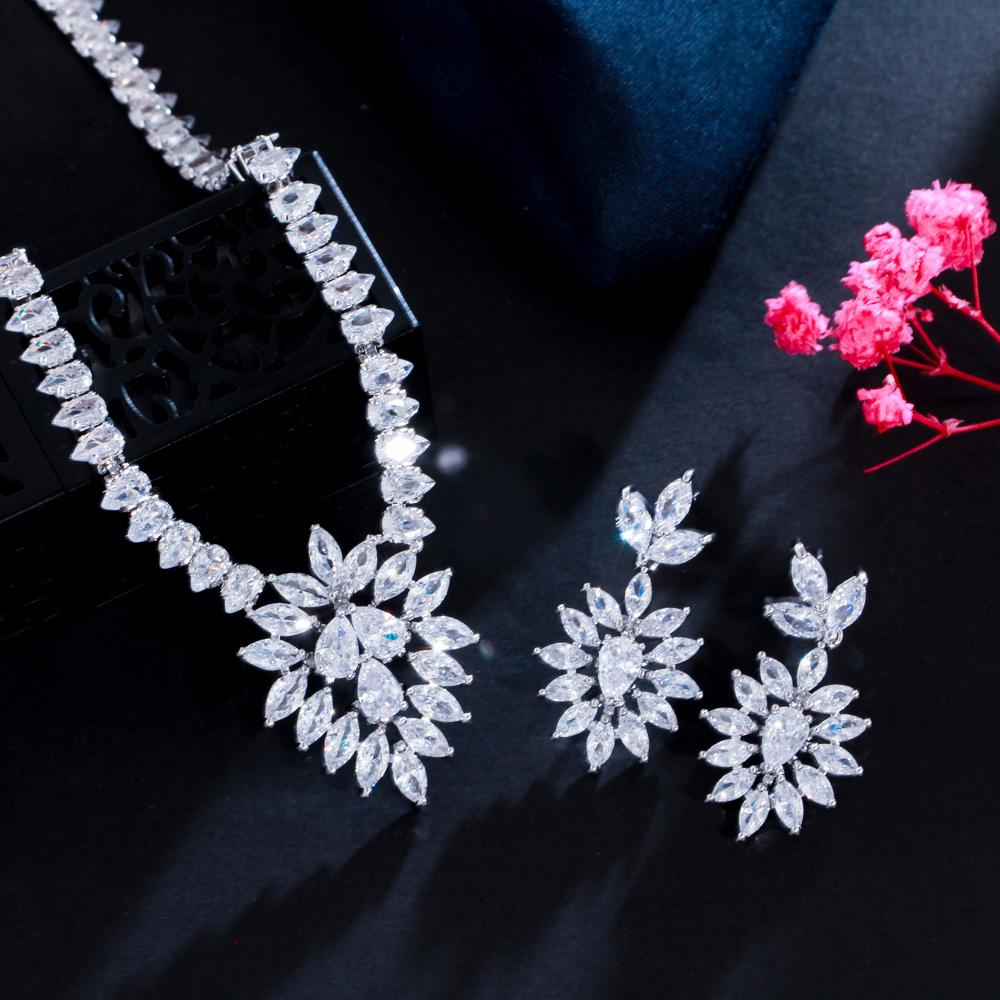 CMM Shiny Gold Color Leaf Shape Zirconia Wedding Necklace Earrings Set