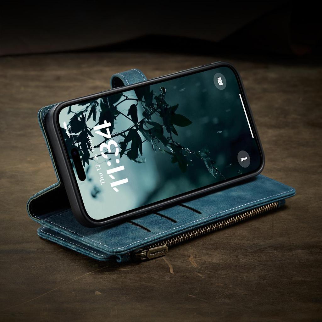 Кожаный чехол-кошелек для Apple 16 Pro Max с отделениями для нескольких карт, ремешком на руку и функцией подставки.