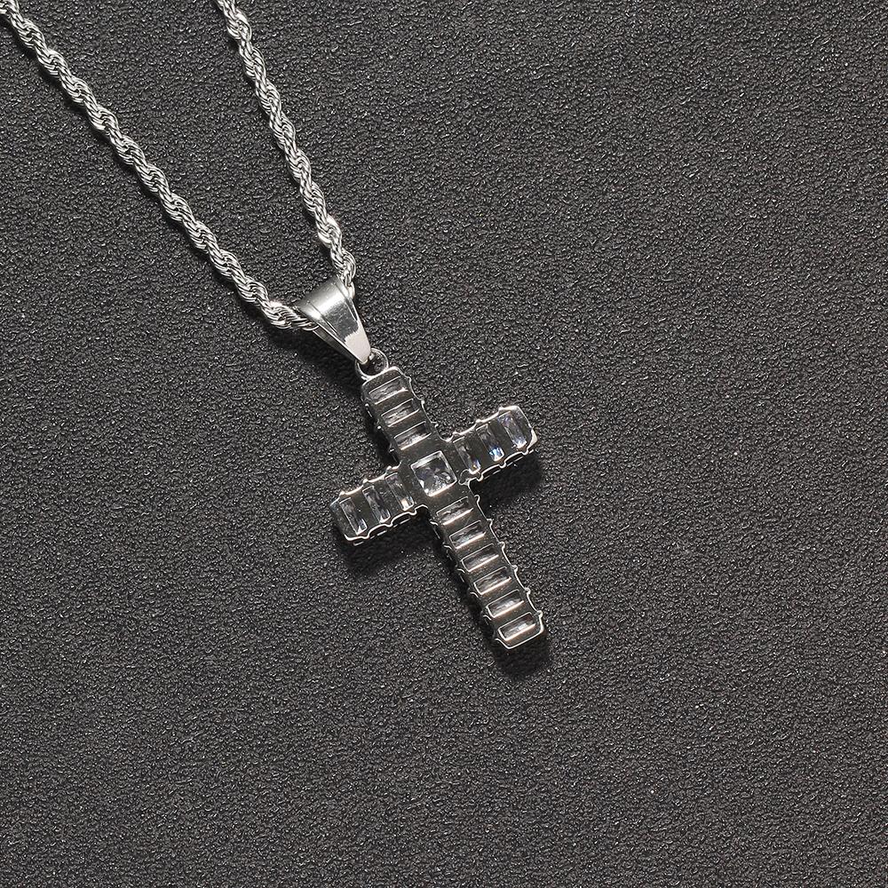 SN266 Hip Hop Cross Pendant Necklace with Crystal & Rhinestone  Stainless Steel Rope Chain Iced Out Design