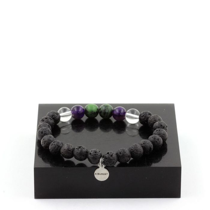 Stones and Minerals. Australian Epidote + Amethyst + Quartz + Lava 8 Mm Pearl Bracelet. Made In France.