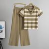 Fashionable and Retro Short-sleeved Lapel Loose Striped Knitted Sweater and Sweater Two-piece Set, High-waisted Wide-leg Pants Set for Women