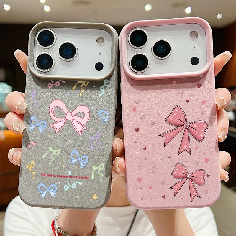 Чехол для телефона из ТПУ с текстурой кожи для iPhone 17 17e 16e 16 15 Pro Max 14 13 Pro Max 11, Розовый бант, Мягкая силиконовая задняя крышка