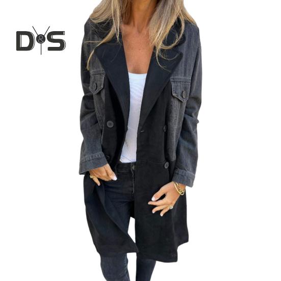 Женское весенне-осеннее пальто, джинсовая куртка, пальто, двубортное в стиле пэчворк с карманами с клапанами, цветное женское пальто средней длины