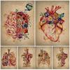 Human Organs And Fowers Watercolor Retro Wall Art Canvas Painting Musculoskeletal And Plant Poster And Print Home Decor No Frame