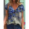 Fashion Spring Retro Flower Print Blouses Short Sleeved V-Neck T Shirts Casual