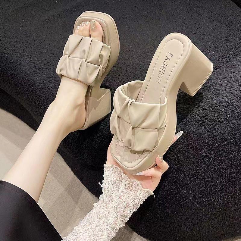 One-word Sandals Summer 2025 New Thick-soled Outer Wear Internet Celebrity Thick Heel Waterproof Table Wedge Heel Fashion High Heels Women