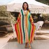 Vintage Peacock Feather Printing Loose Kaftan Swimsuit Coverup For Women Summer Casual House Dress Beachwear Cover-up