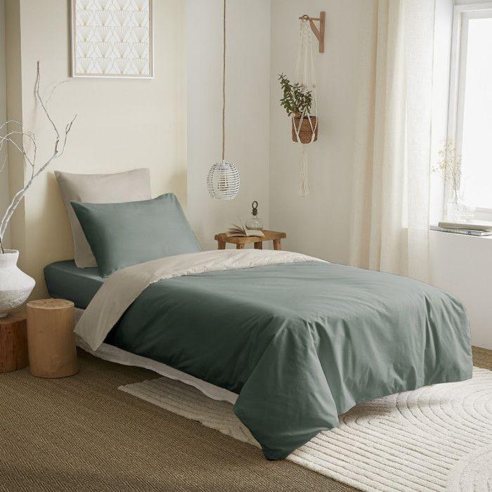 Pack complet 4 pièces Eucalyptus/Lin réversible housse de couette pour lit 90 x 190 cm