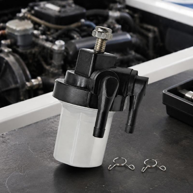 Boat Fuel System Filter Assembly With Clear Bowl, Two Hose Connections and Mounting Fastener for 9.9-90HP Routine Marine Engine Service Work Tasks