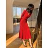 Temperament Socialite High-end V-neck Red Knitted Dress, Festive Clothes In Autumn and Winter, High-cold Imperial Sister Style Skirt
