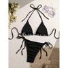 Сексуальное вязаное бикини для женщин, черно-белое, с лоскутным узором, эффект пуш-ап, микро-купальник, бразильский купальник, стринги с завязками по бокам.