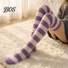 Soft Fuzzy Home Slippers Striped Plush Socks for Women, Coral Fleece Winter Thermal Socks, Thickened Velvet Knee High Stockings, Warm Sleeping