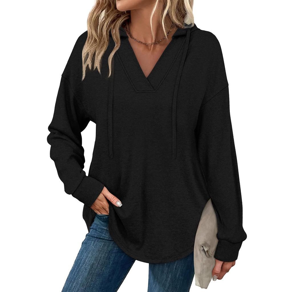 Women's Fashion Solid-Color Long-Sleeve Hooded V-Neck Casual Sweatshirt Top