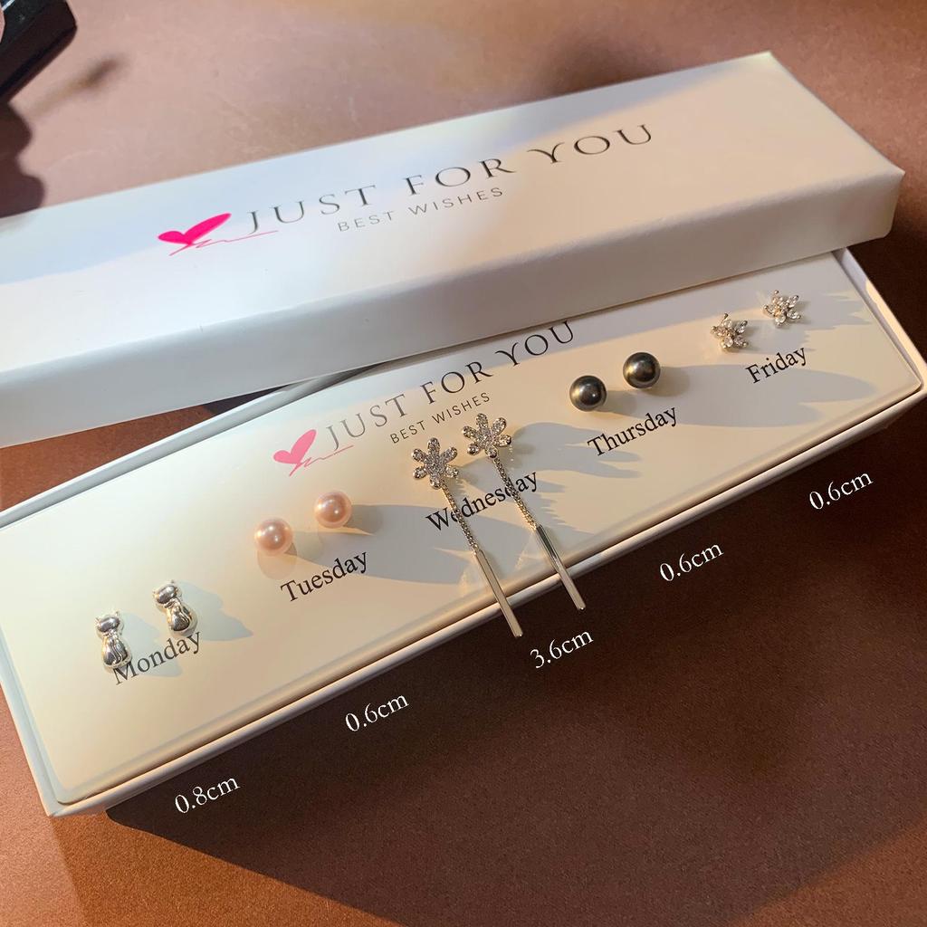 Набор серег-пуссетов в форме сердца с цирконом, цветком и жемчугом для женщин