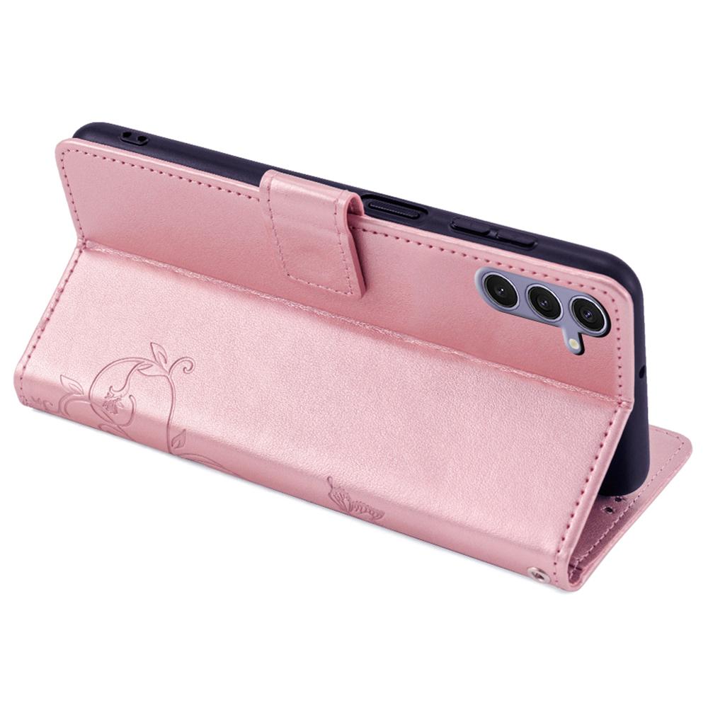 Чехол-кошелек из кожи с тиснением-бабочкой для Samsung Galaxy S24+ с ремешком на запястье