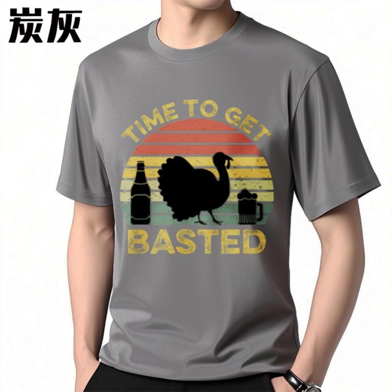 Relaxed Fit Tshirt Solid Color Boys O Neck tshirt Streetwear Time To Get Basted Turkey Beer Sunset Retro For her Tshirt