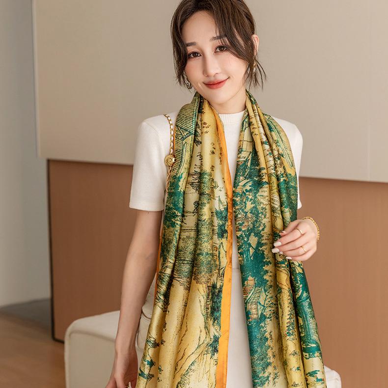 Весенне-летний тонкий атласный длинный платок в китайском стиле в стиле ретро Цинмин Шанхэ Ту Лицзин Элегантный женский солнцезащитный декоративный шелковый шарф