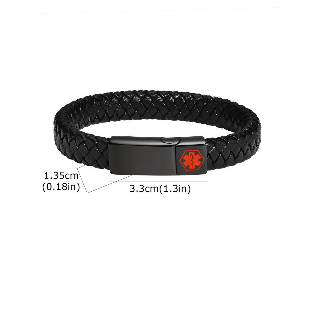 Customized Engrave Medical Alert ID Bracelet, Stainless Steel Magnetic Buckle Woven Leather Wristband Bangle for Men