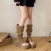 Коричневые ретро носок крутые ботинки женские 2025 лето новые длинные трубы ботинки на платформе увеличивающие рост дышащие западные ботинки