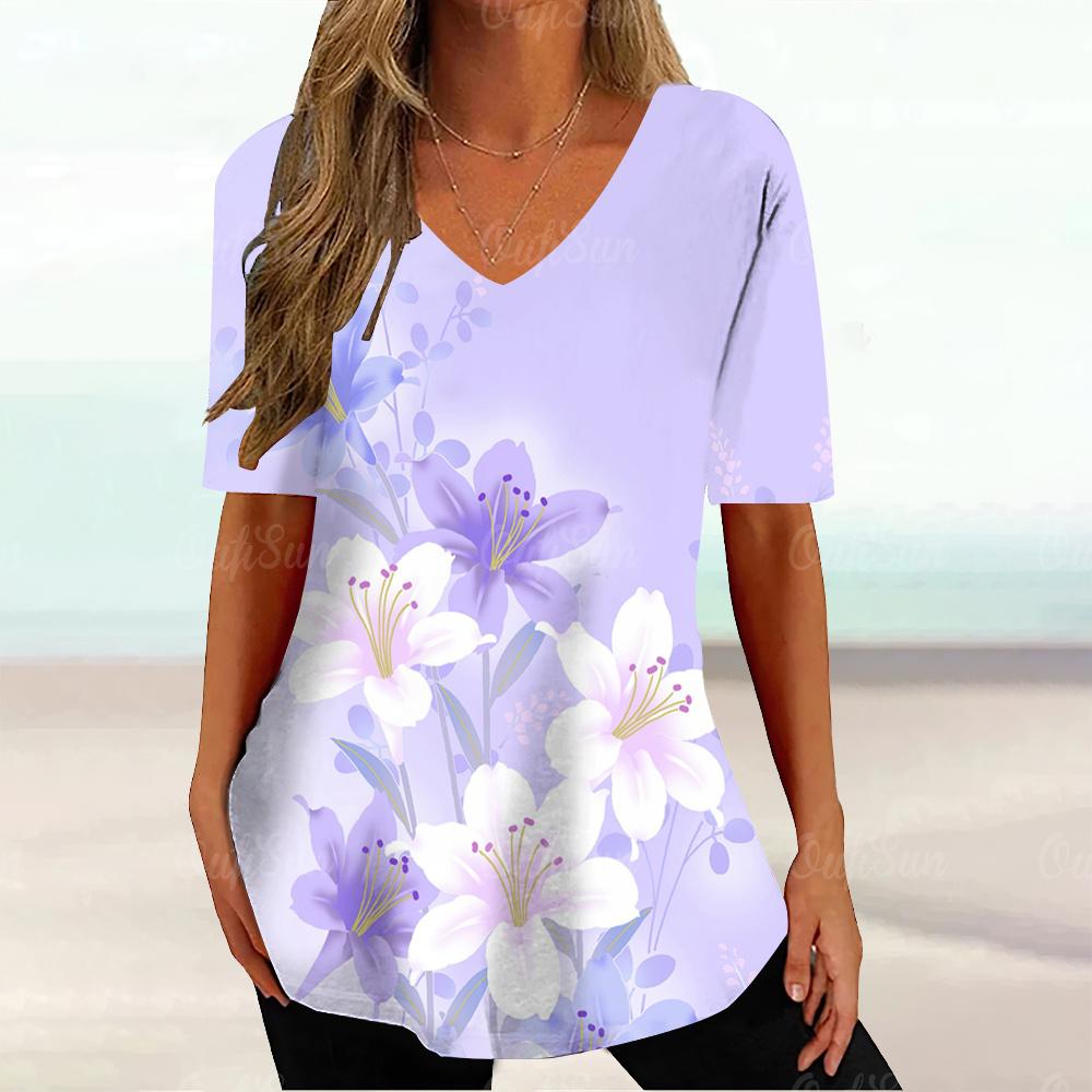 Summer V-neck 3D Floral Printed Top Fashionable Casual Short Sleeved Women's T-shirts