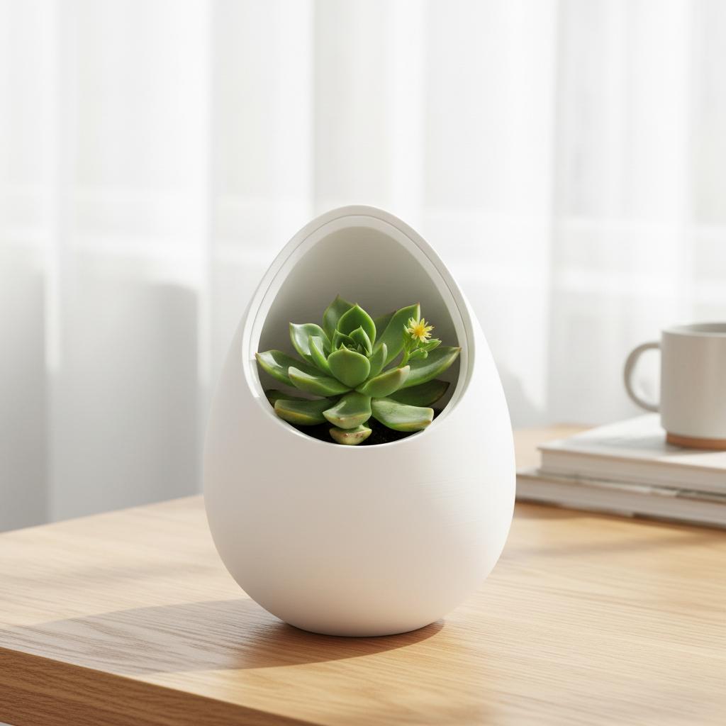 A modern, decorative white flowerpot in the shape of a plant nest.
