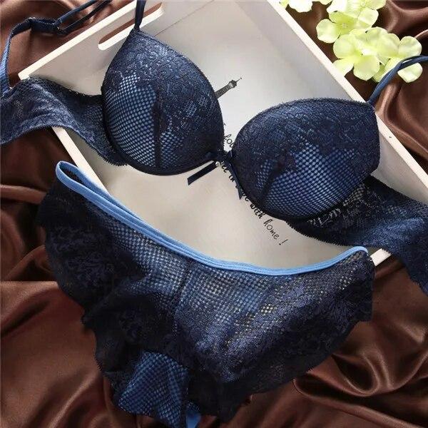 2 PCS Women Lace Bra Set Cotton Embroidery Underwear Push Up Bra and Briefs
