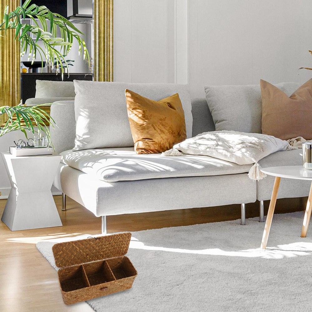 Rectangular 3 Grid Handwoven Storage Basket Dustproof Rattan Divider Storage Box  Wardrobe