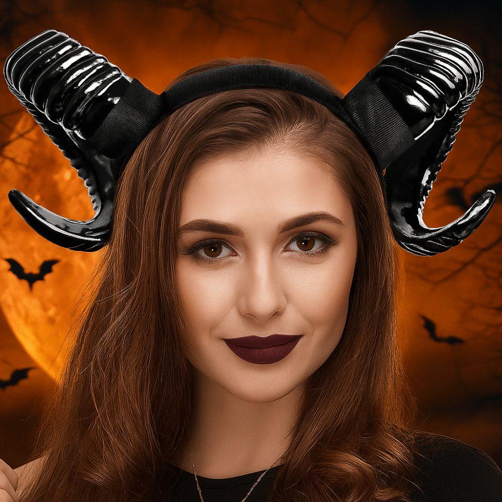 Gothic Halloween Devil Headband Artificial Goat Horn Hair Hoop Black Demon Horn Headwear  Adults