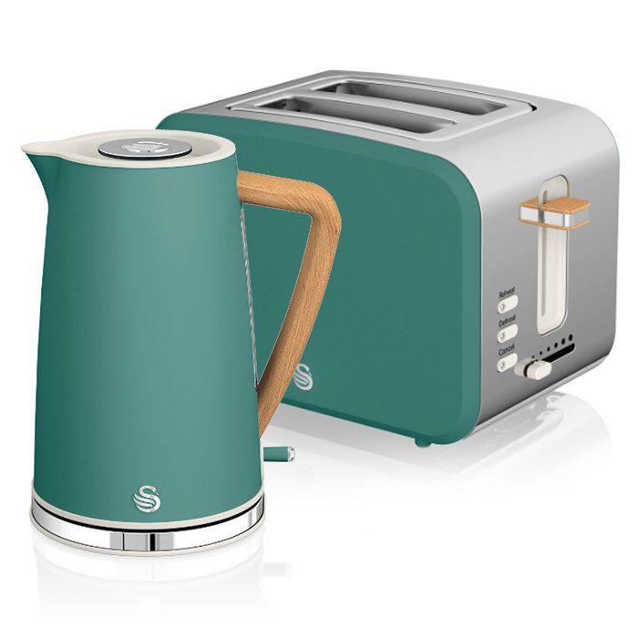 Set petit-déjeuner Bouilloire sans fil 1,7 L grille-pain 2 Nordic Blanc SWAN STP2090GRENEU Vert