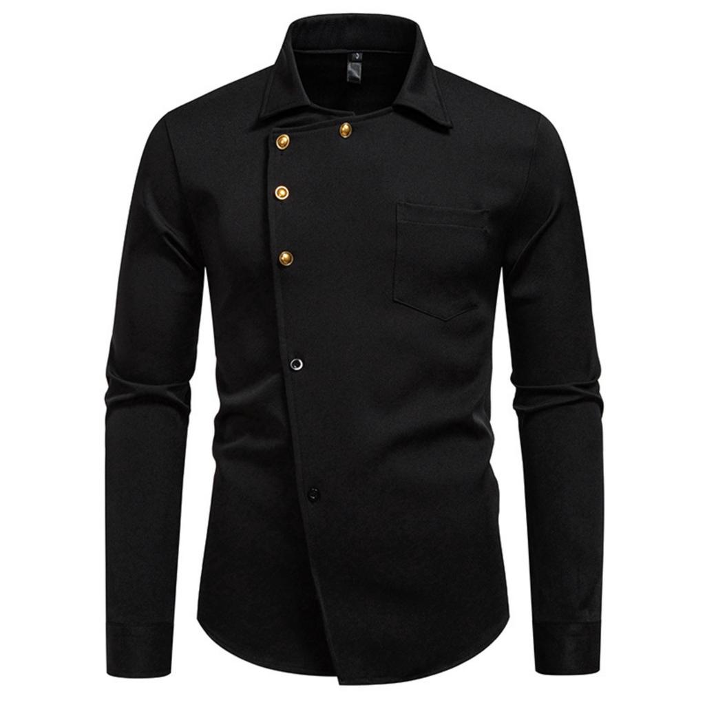 Men's Casual Solid-color Long-sleeved Shirt, Men's Slanted Button Slim Lapel Shirt